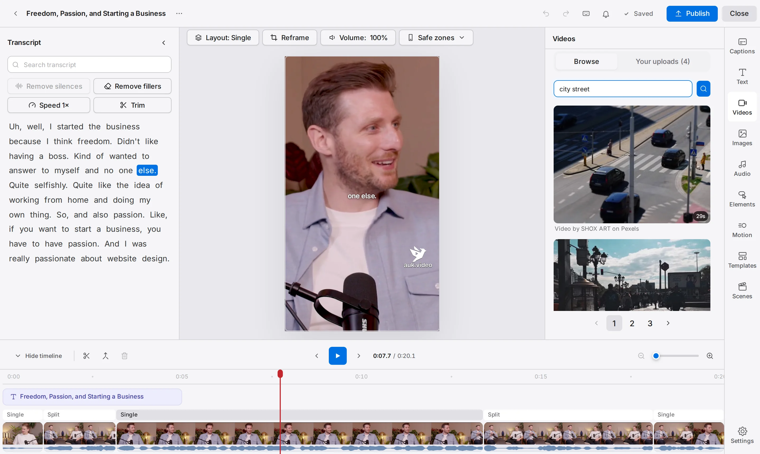 The editor with the Videos panel open on Browse: a search for city street with results from Pexels and the page numbers under them