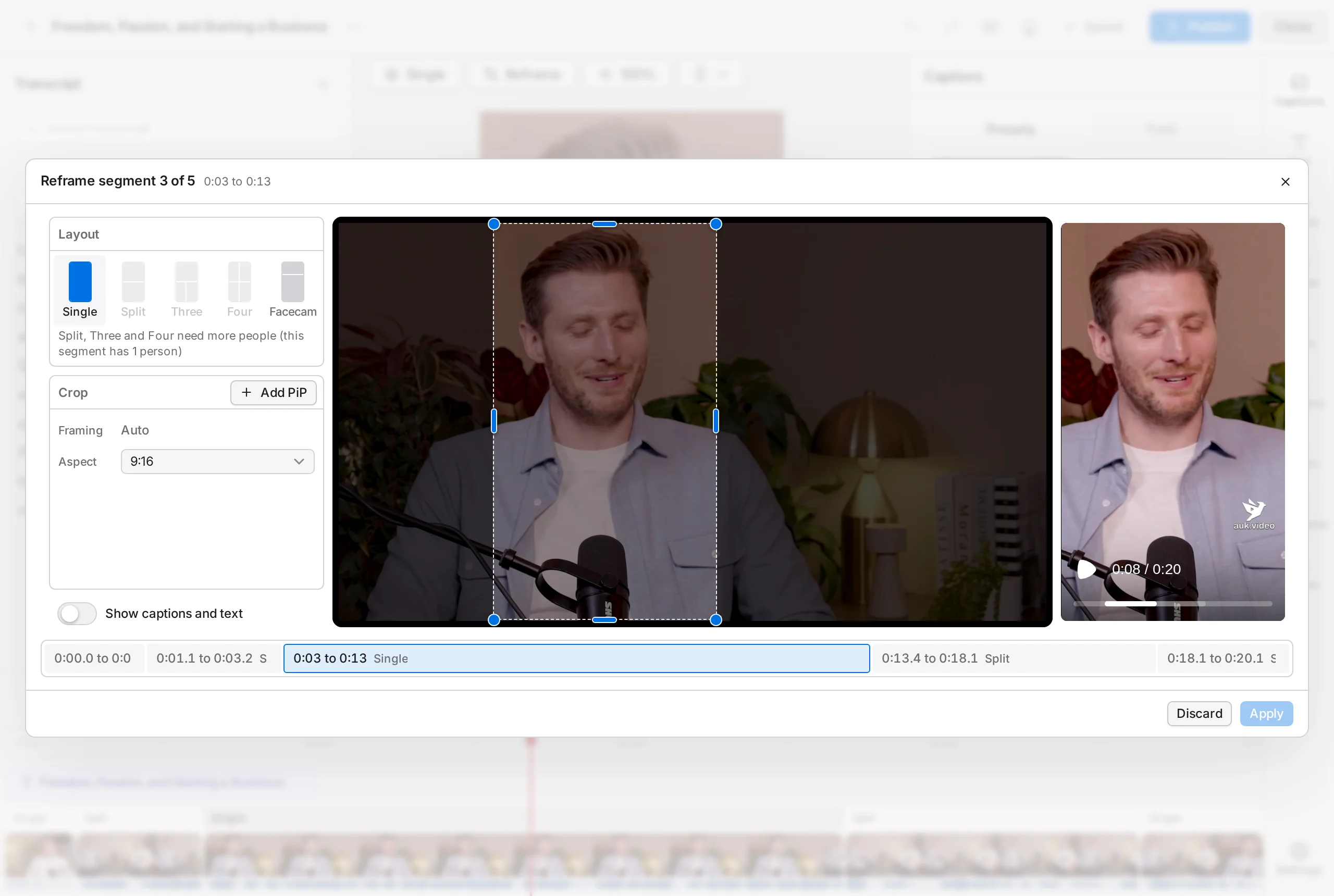 The Reframe window on a Single segment: layouts and crop options on the left, the wide source with the dashed crop box in the middle, the vertical result on the right, and the clip's segments along the bottom