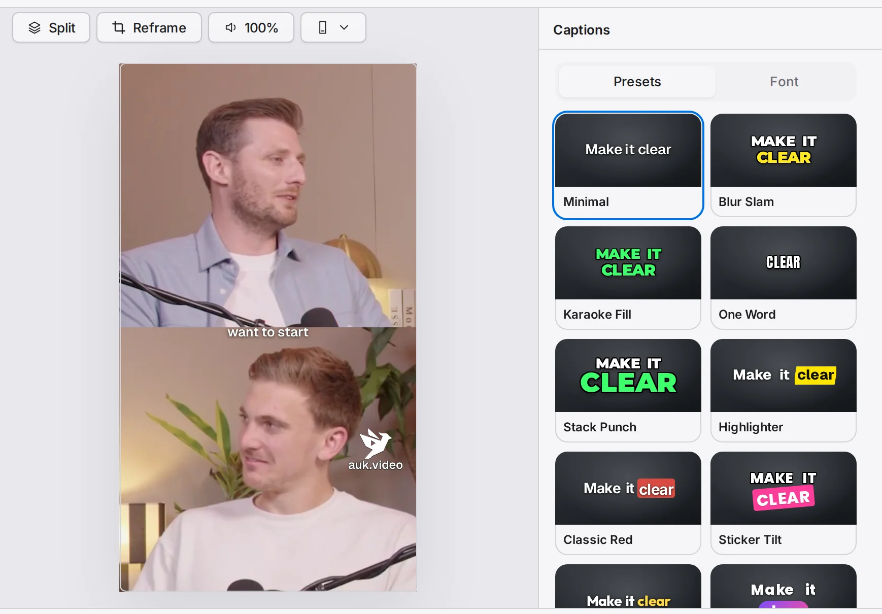 The editor with the Captions panel open: the caption style grid with Minimal selected, and the preview showing the caption over the clip