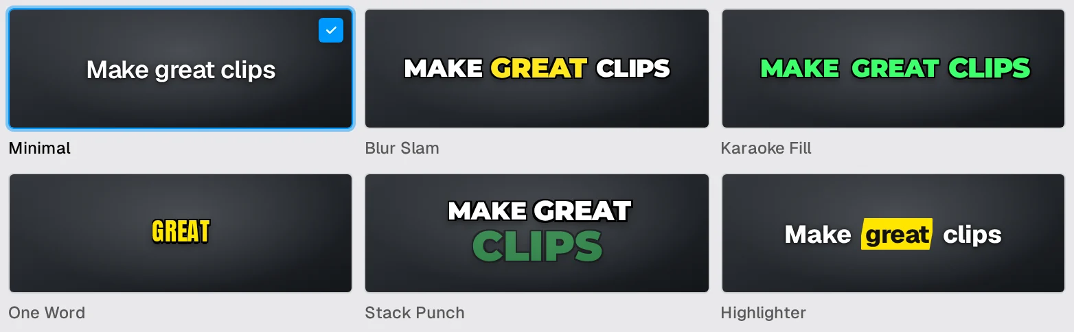 The caption styles in the Make clips window, with Minimal selected