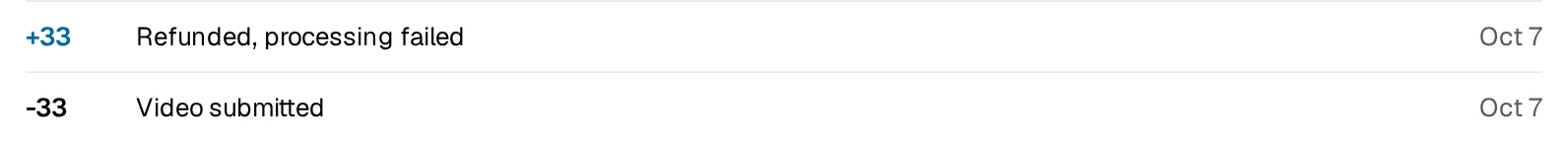 Credit history showing a video charged 33 credits and the matching refund of 33 credits after processing failed