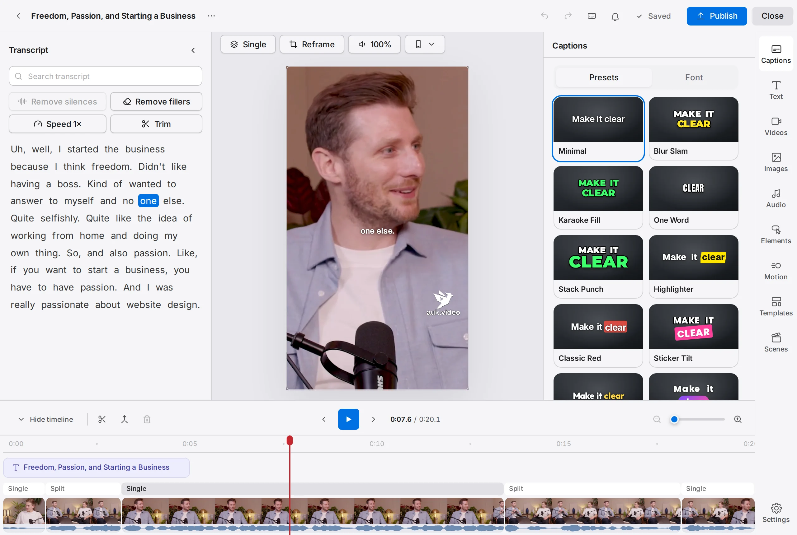 The Auk editor: the top bar, the Transcript on the left, the bar above the preview with Layout, Reframe, Volume and Safe zones, the Captions panel and the tool column on the right, and the timeline with its Single and Split segments along the bottom