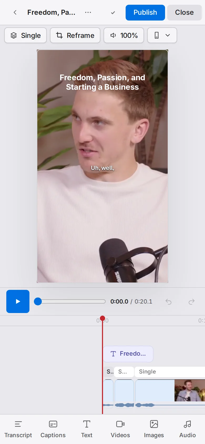The editor on a phone: the top bar, the preview, the play bar with Undo and Redo, the timeline, and the tool strip starting with Transcript