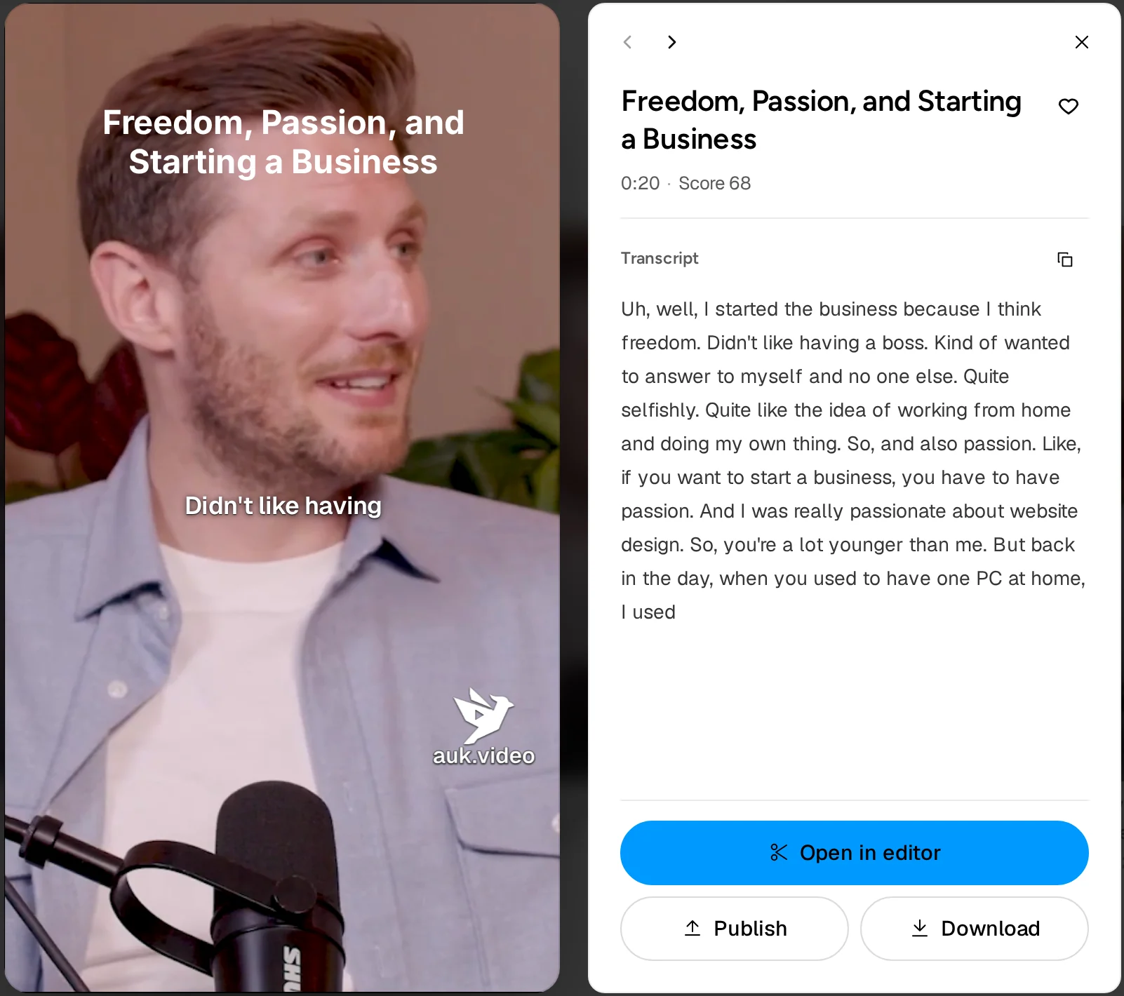 The clip player with the Download button under Open in editor, next to Publish