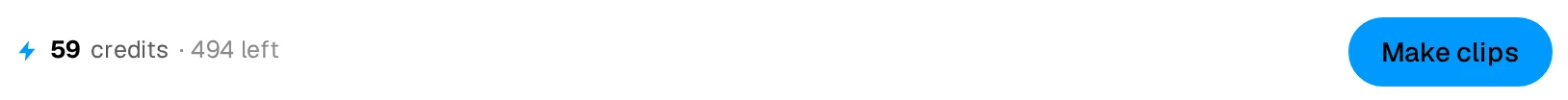 The cost line in the Make clips window: 59 credits for this 58 minute 37 second video, with the remaining balance