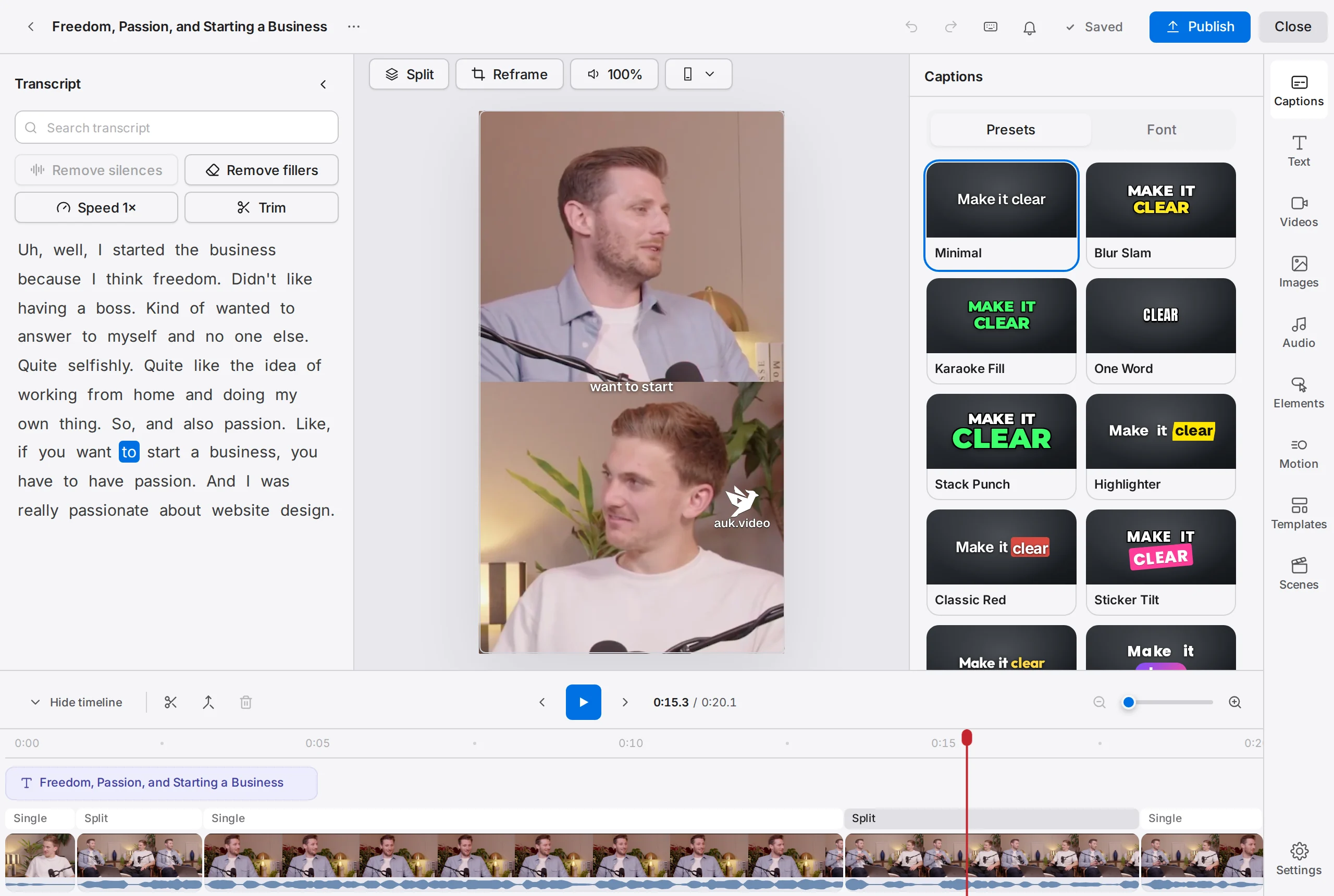 The editor on a two-person clip: the preview shows a Split layout with one speaker above the other, and the timeline's layout lane shows a Single segment and then a Split one
