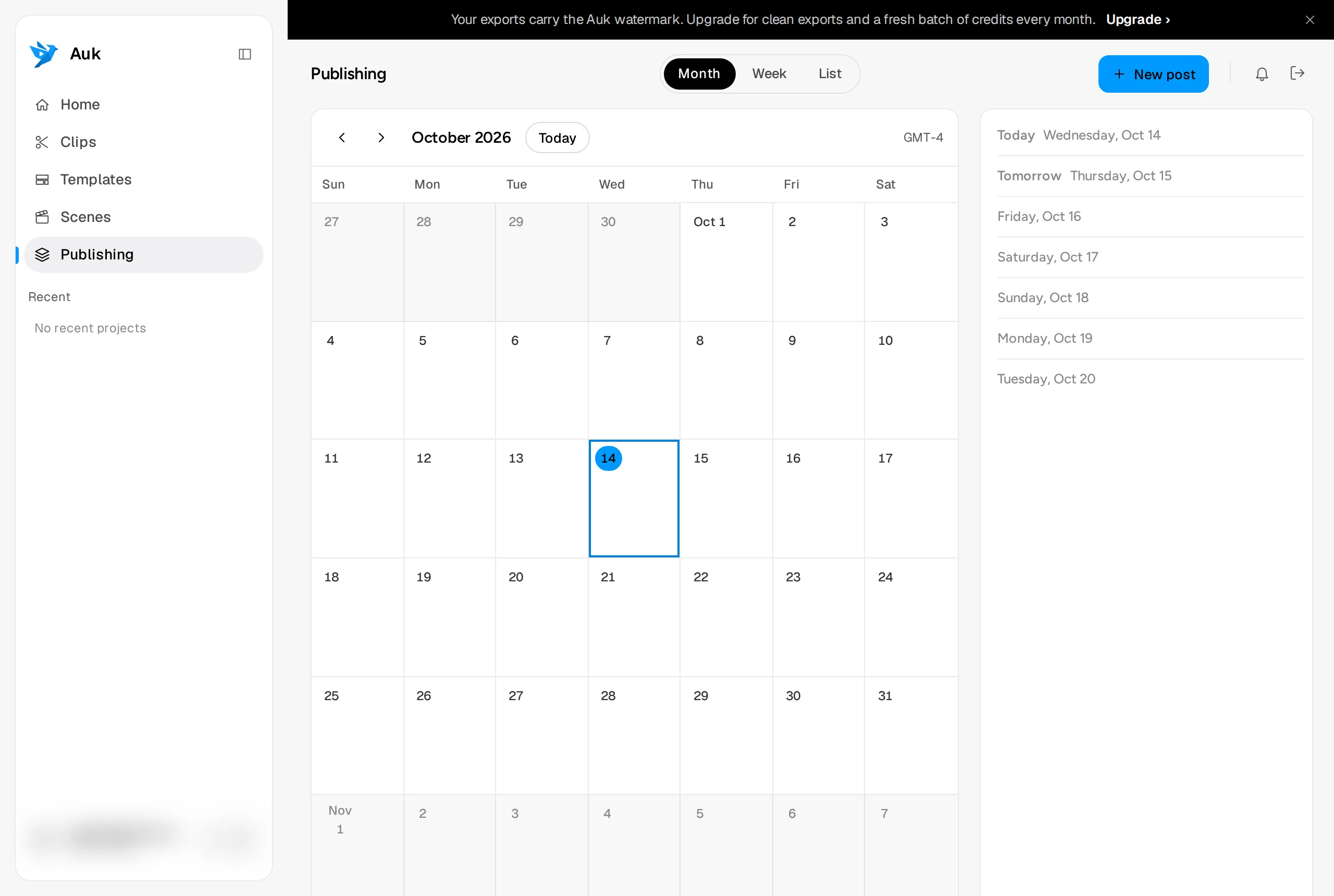 The Publishing page in the Month view, with Month, Week and List at the top, New post on the right, the calendar, and the next seven days beside it