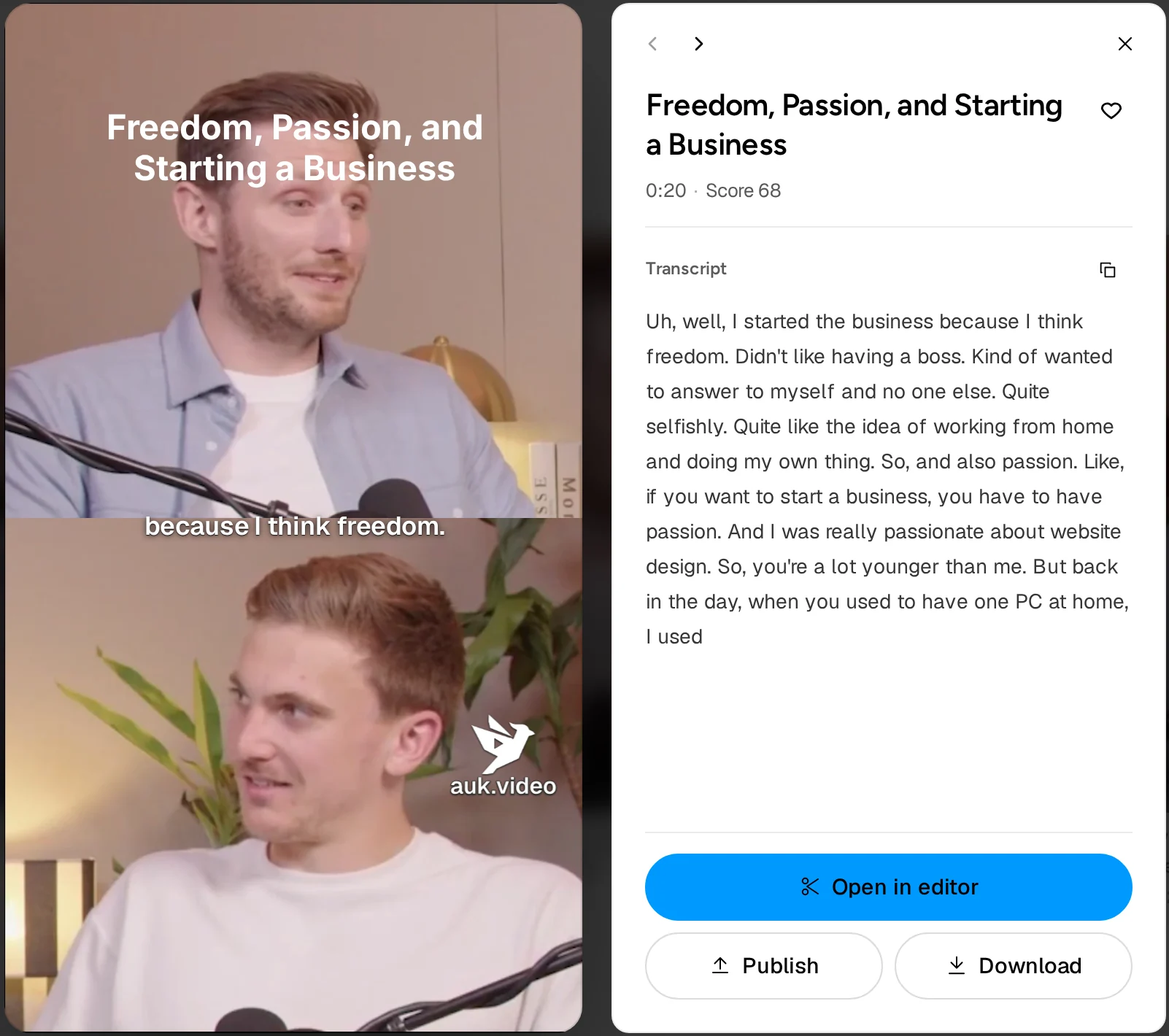 The clip player: the vertical clip playing with its captions on the left; on the right the title, heart, transcript with a copy button, Open in editor, Publish and Download