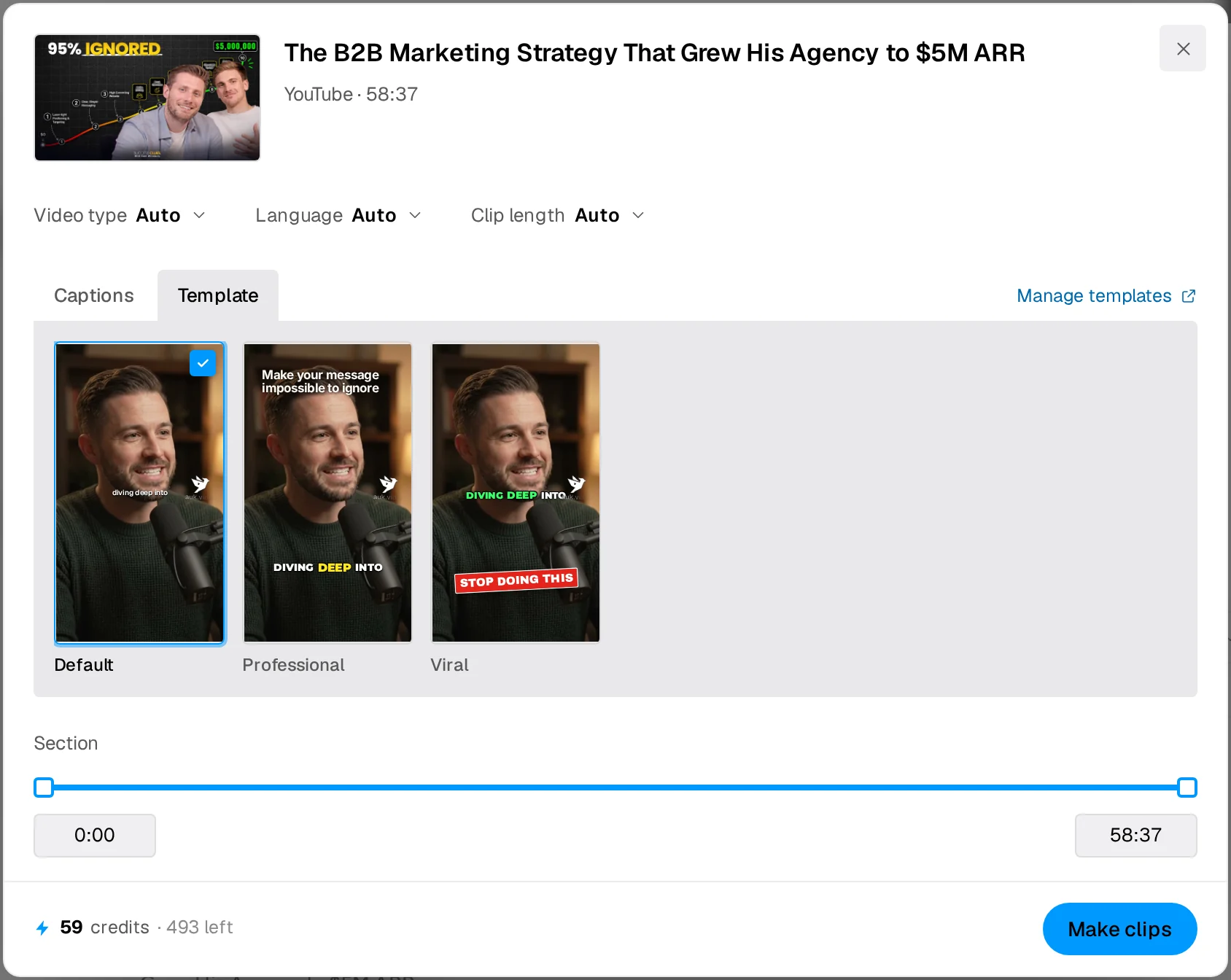 The Make clips window on the Template tab: Default, Professional and Viral, each with a preview of its look