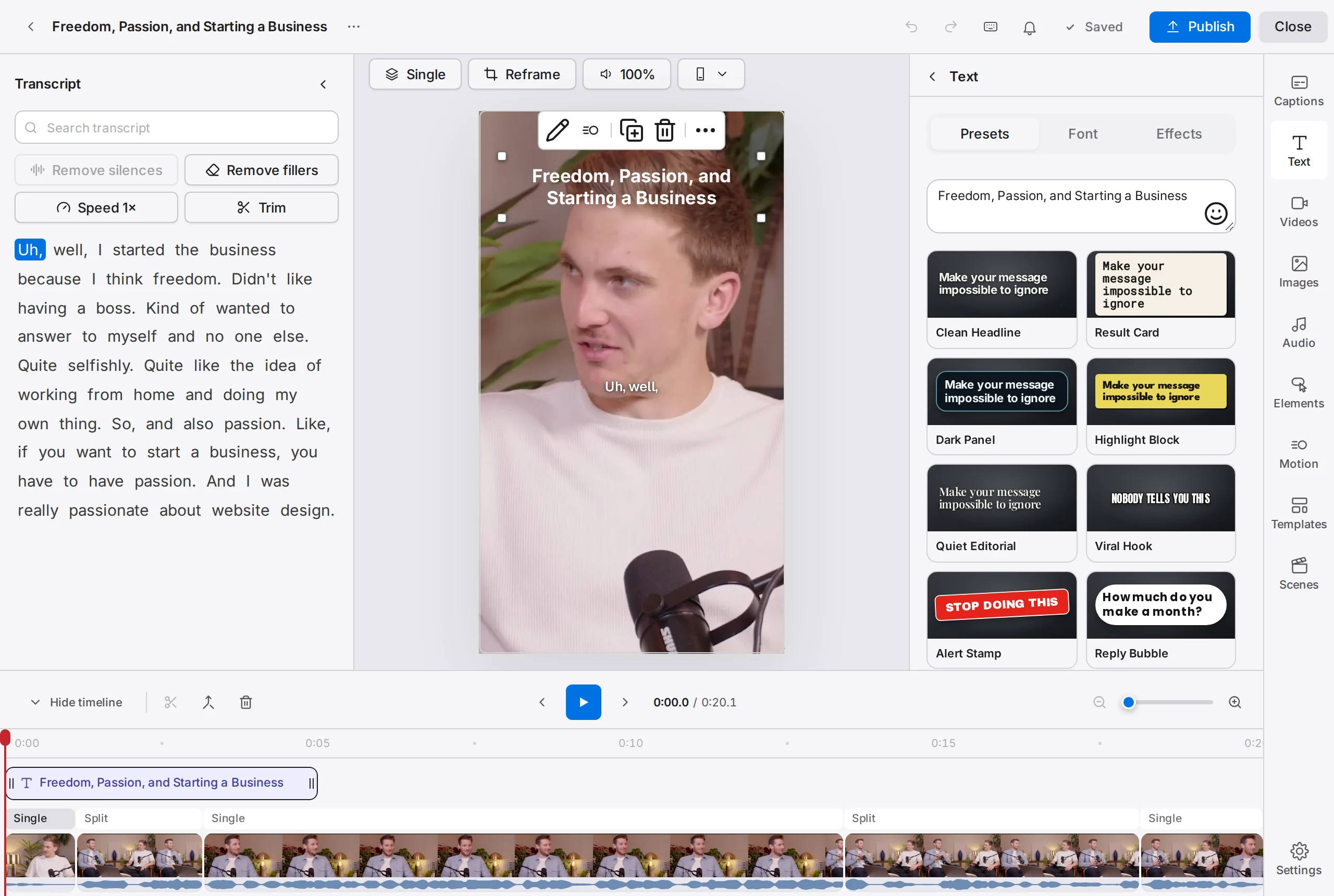 The editor with the clip's title selected: its small bar of icons above it on the preview, and the Text panel on the Presets tab with the headline box and title styles such as Clean Headline, Result Card and Highlight Block